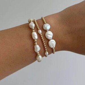 Baroque Pearl Stacking Bracelet Gold Beaded Stretch Bracelet WATERPROOF Jewelry